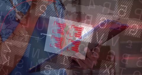 Executive Analyzing Data on Tablet with Digital Display Overlays