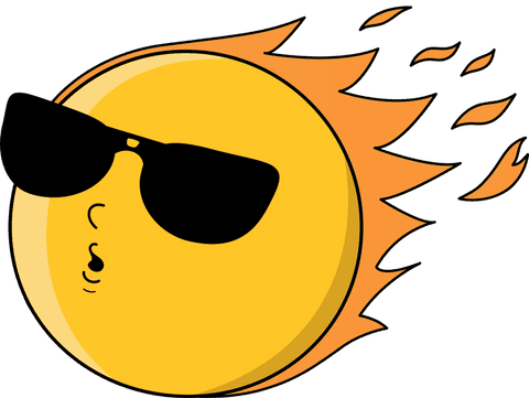 Stylized flaming sun with sunglasses on transparent background