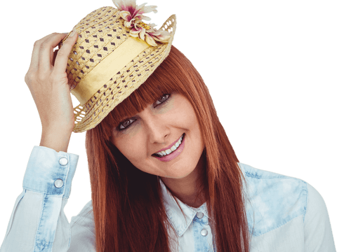 Smiling Woman Wearing Floral Straw Hat and Denim Shirt Transparent Background