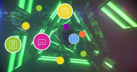 Neon digital tunnel with social media interaction icons