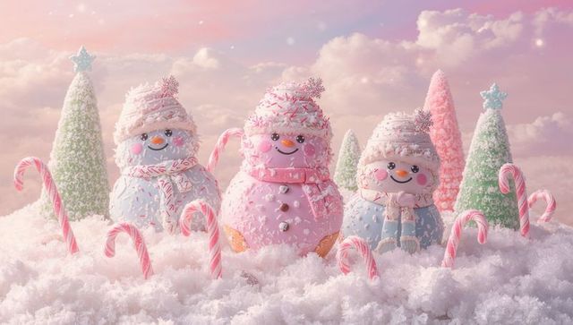 Pastel Candyland Snowmen Trio Standing Among Candy Canes and Frosted Cone Trees