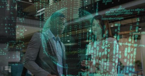 Collaborating professionals viewing smartphone with augmented globe and green code overlay