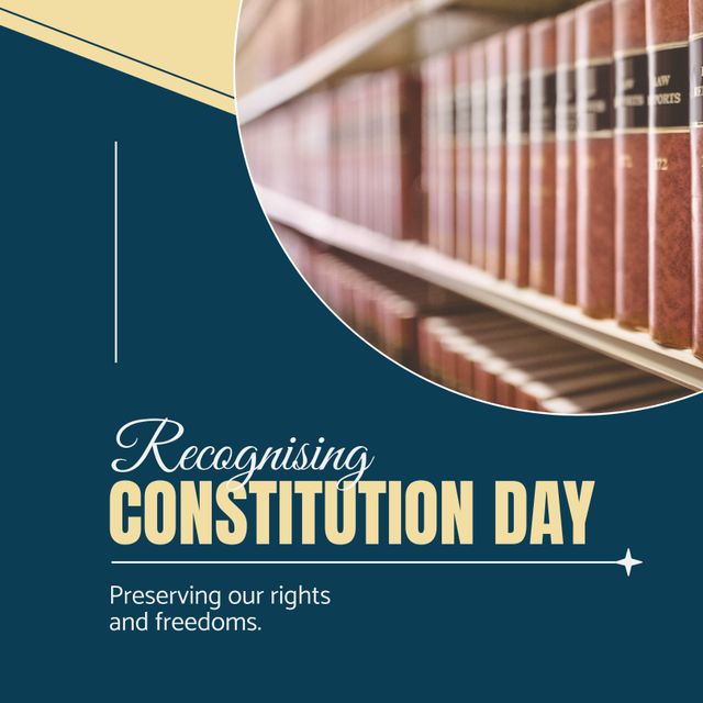 Image depicting the theme of Recognising Constitution Day with a circle containing library shelf books on a blue and cream background. Ideal for materials related to legal education, awareness about Constitution Day, justice, and civic education. Useful for educational institutions, legal firms, government organizations, and event promotions commemorating this important day.