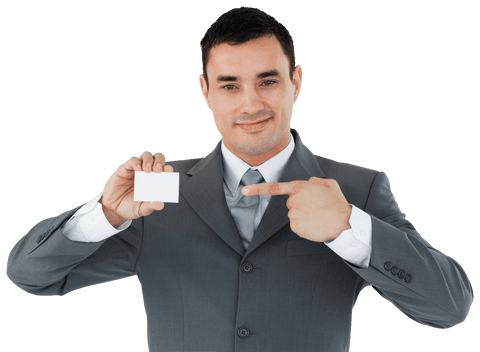 Confident business professional pointing at blank business card transparent background