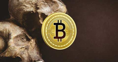 Skull and bitcoin symbol illustrating financial risk