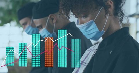 Female chef wearing mask studying restaurant analytics with bar graph overlay