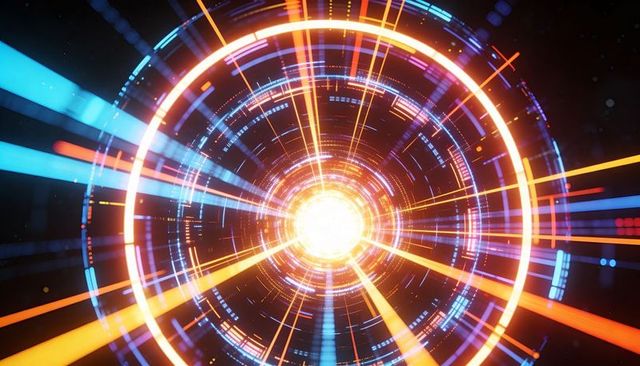 Pulsing Neon Portal Radiating Beams Futuristic Circular HUD Digital Tunnel Energy Interface