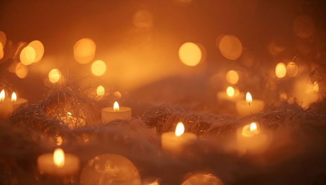Warm tealight candles glowing amid silvery tinsel with soft golden bokeh