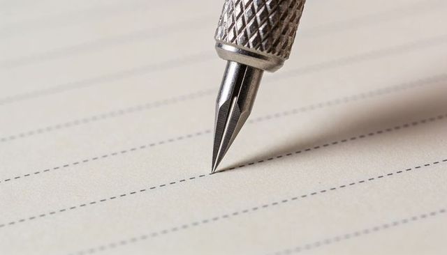 Macro metal fountain pen nib hovering over ruled paper with knurled grip and split tines