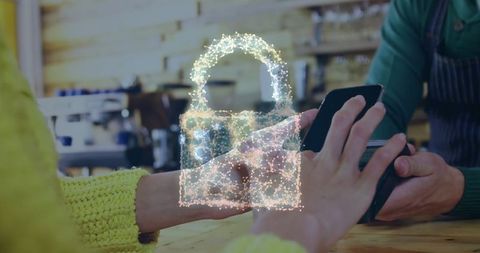 Secure Digital Payment Concept with Holographic Padlock over Payment Terminal