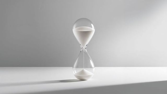 Transparent hourglass with falling white sand on minimalist surface
