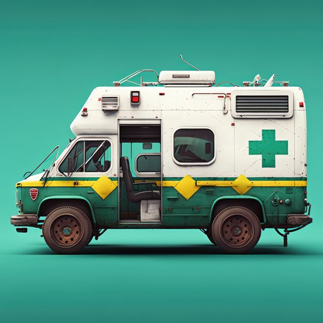 Ambulance parked on green background, created using generative ai technology. Ambulance and emergency medical services concept digitally generated image.