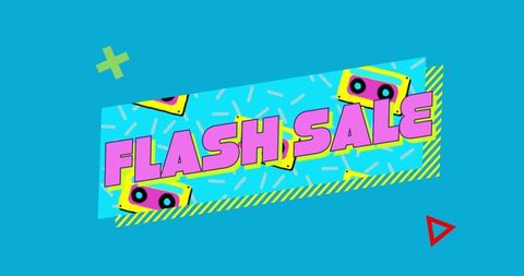 Flash sale neon retro cassette banner with 3d bold typography and geometric graphics