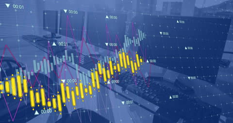 Digital Financial Data Animation Over Desk Workspace