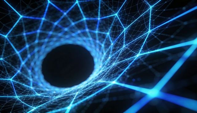 Luminous data vortex spiraling through blue mesh network toward central void