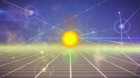 Digital Sun and Network Lines on Grid Background