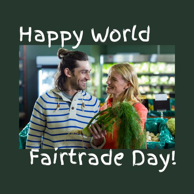 Happy World Fairtrade Day - Smiling Couple Holding Fresh Organic Vegetables - Download Free Stock Templates Pikwizard.com