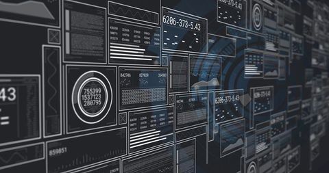 Displaying High-Tech Layered Data Dashboard Wall with Analytics Panels, Gauges, Waveforms