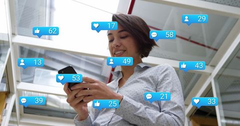 Social Media Notifications Over Businesswoman with Phone - Download Free Stock Images Pikwizard.com