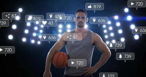 Social Media Icons Flows Surrounding Confident Basketball Player