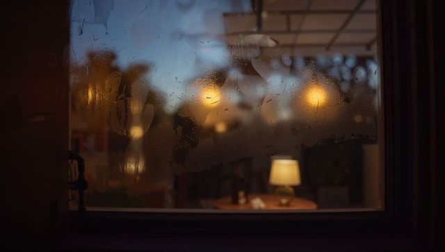 Warm lamp glowing through fogged glass with condensation streaks and bokeh twilight patio
