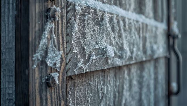 Hoarfrost on weathered wooden gate panel with peeling paint and rustic metal hinge