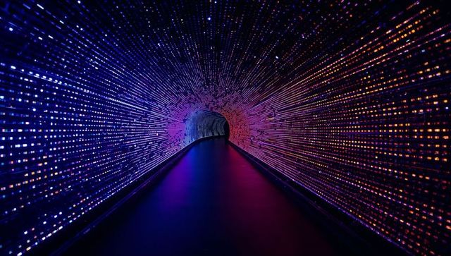 Futuristic vibrant led tunnel with moving walkway
