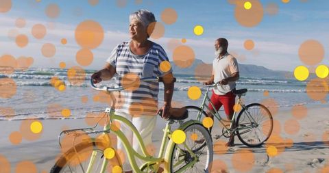 Active seniors enjoying beachside bike ride with stylish artistic filters