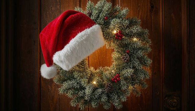 Frosted Fir Wreath Wearing Santa Hat with Warm Fairy Lights and Red Berries on Rustic Wooden Door
