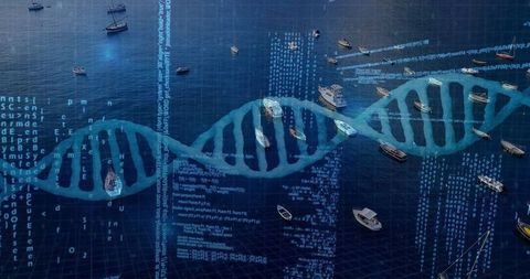 Futuristic dna helix superimposed on harbor with boats