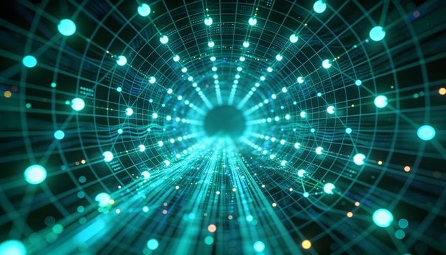 Streaming teal data tunnel converging into futuristic cyan cyberspace grid with glowing nodes