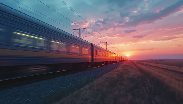 Fast moving train at sunset on open plain