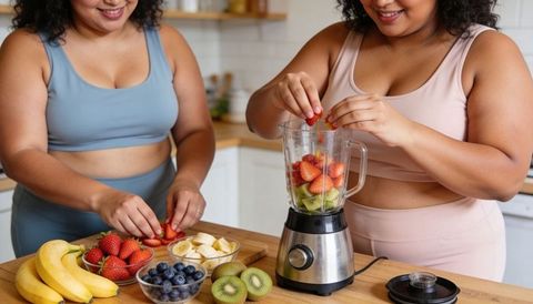 Plus-size women preparing fresh fruit smoothie in pastel activewear on kitchen counter