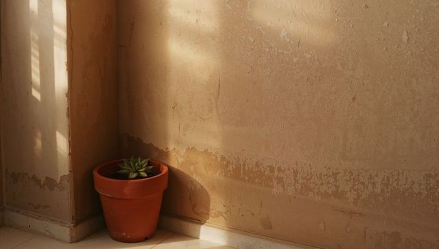 Terracotta Pot with Succulent Basking in Sunlit Corner with Weathered Plaster