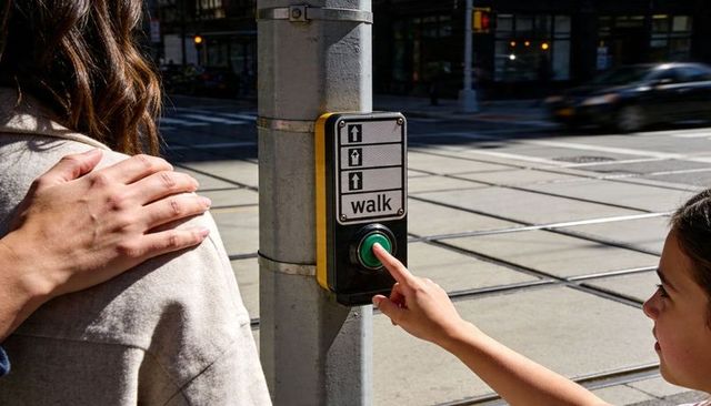 Child pressing green pedestrian crosswalk button with caregiver at urban tram intersection