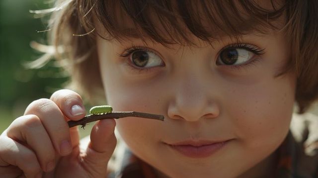 Curious child observing green caterpillar on twig holding nature discovery closeup sunlit