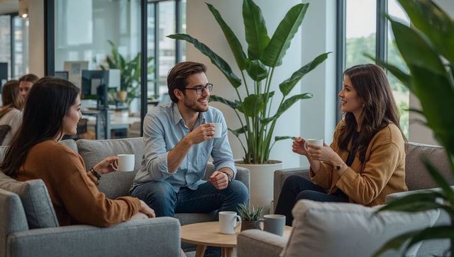 Coworkers sharing coffee and conversation in modern plant-filled office lounge