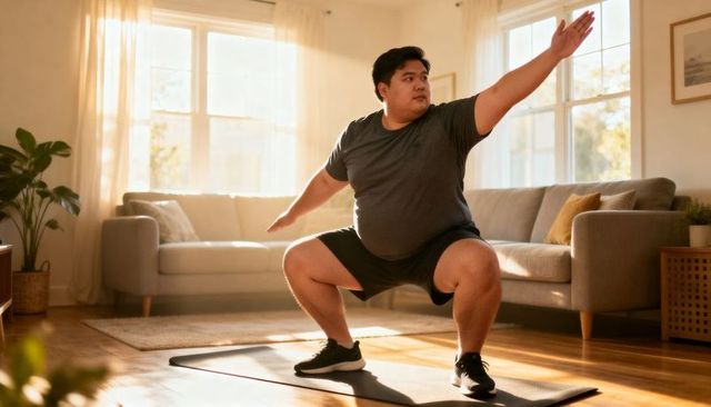 Asian man doing home workout wide sumo squat on mat in sunlit living room for fitness