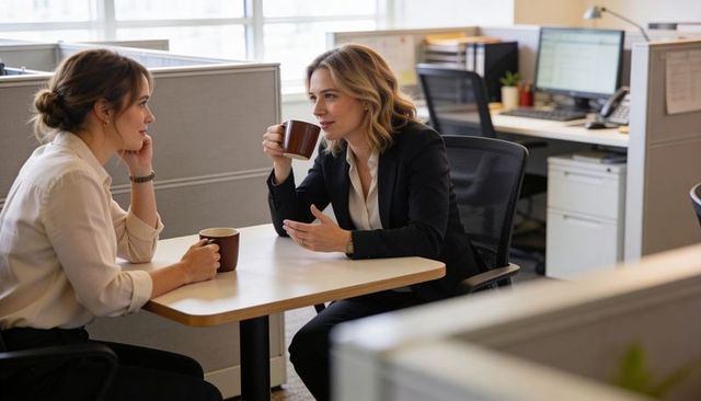 Female colleagues sharing coffee and discussing projects in open-plan office breakout