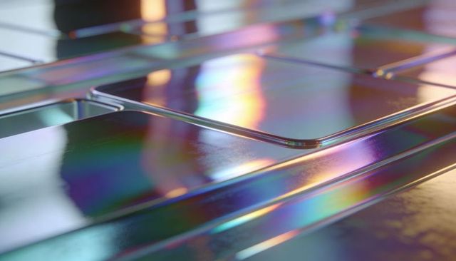 Iridescent glossy tile panels with beveled edges and rainbow reflections, metallic sheen