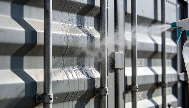 Spraying cleaning mist on corrugated metal shipping container door with teal spray bottle