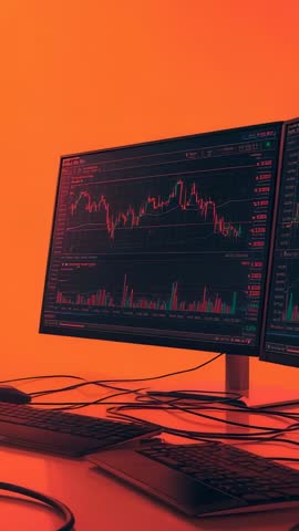Vertical trading desk reveal panning across dual monitors with live charts and analytics