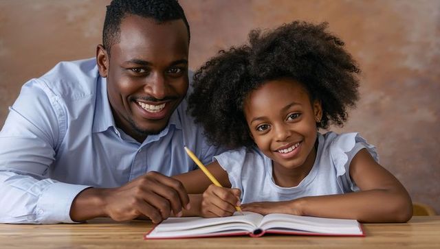 Happy Father and Daughter Writing Together at Home