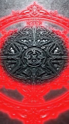 Vertical Video Red Neon Tracing Ornate Metal Relief, Futuristic Abstract Motion