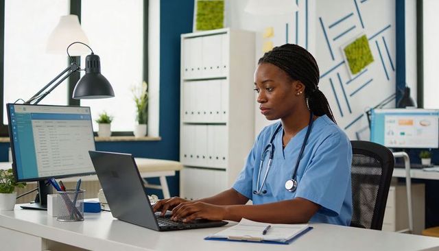Nurse typing electronic patient records on laptop in modern medical office with stethoscope