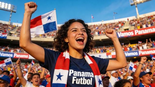 Cheering panama soccer fan wearing panama futbol shirt and star scarf waving flag in stadium
