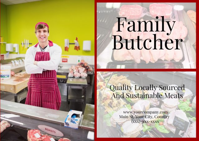 Locally Sourced Family Butcher Shop with Smiling Butcher - Download Free Stock Templates Pikwizard.com