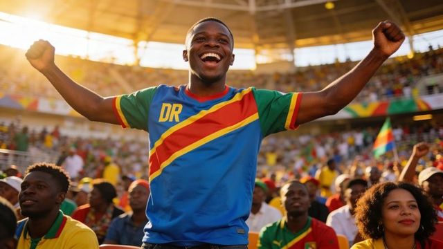 Triumphant fan cheering in blue dr jersey amid sunlit stadium crowd at golden hour