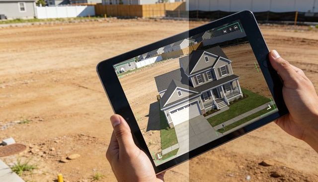 Holding tablet displaying AR house model over vacant lot for suburban development