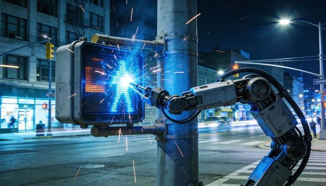 Robotic arm welding pedestrian signal at night with sparks on urban street